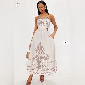 Elegant White Maxi Dress with Brown Embroidery